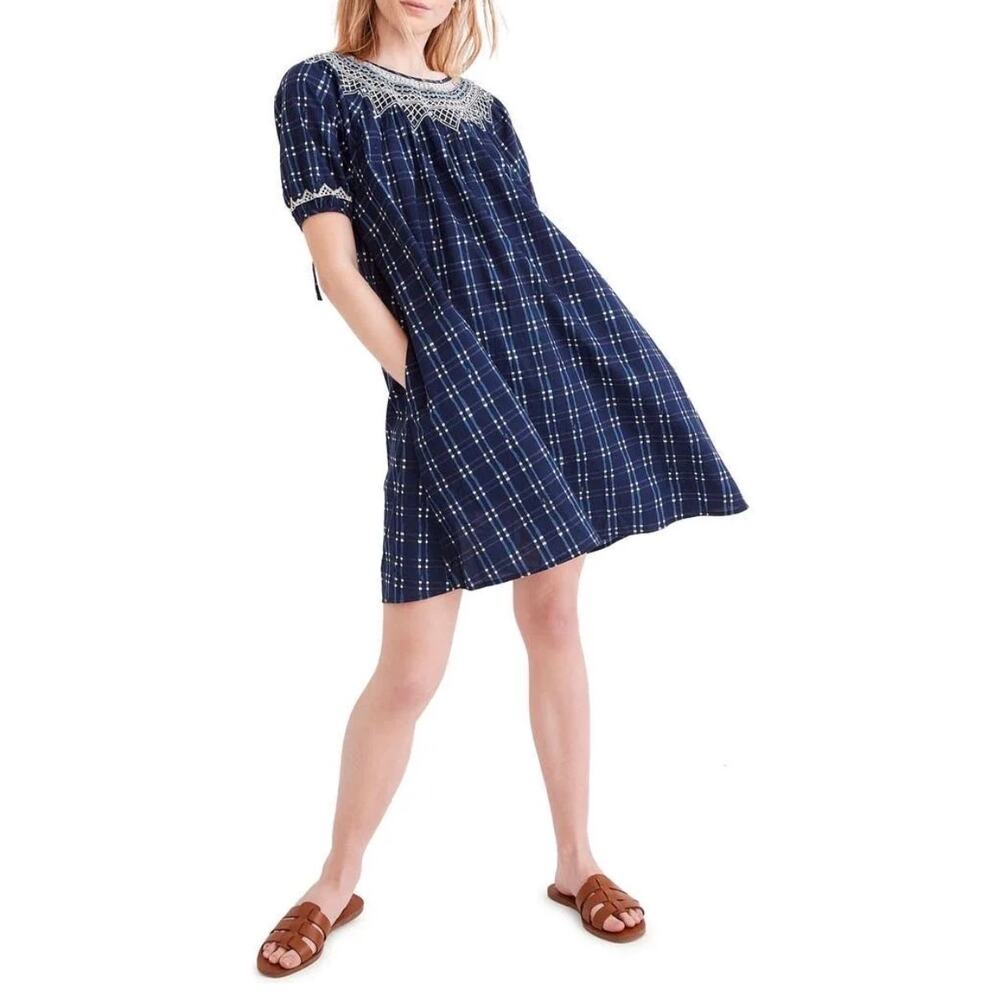 Madewell Size Medium Embroidered Mini Shift Dress Navy Boho Babydoll Puff Sleeve